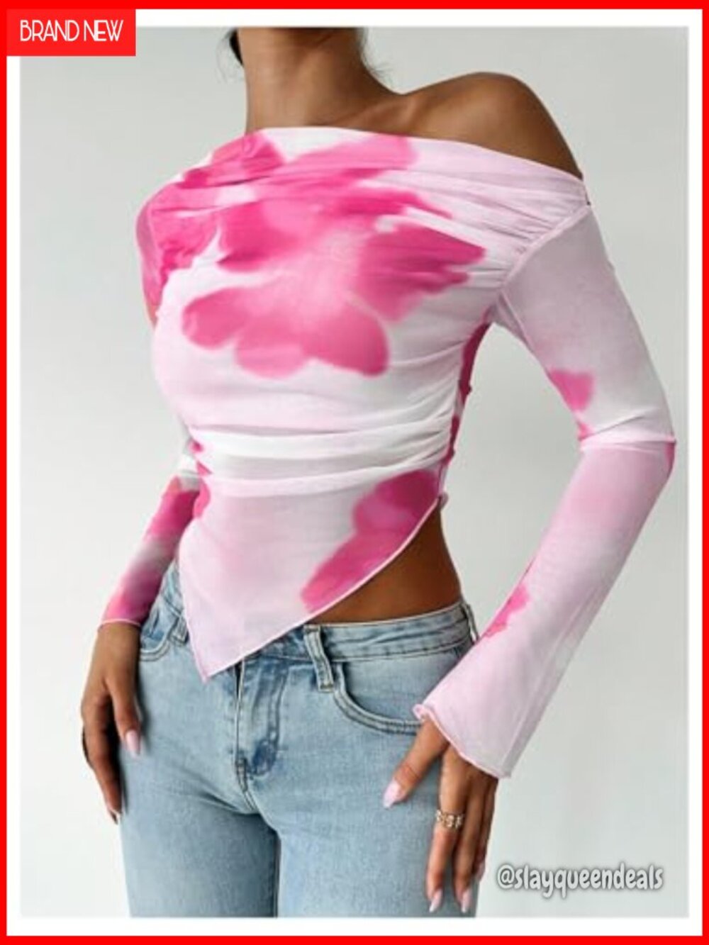 Sheer Mesh Flare Sleeve Off Shoulder Crop Top Slim Fit - Picture 2 of 5